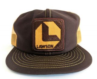 Vtg Lawson Patch Trucker Mesh Snapback Hat Cap Louisville Mfg Co Usa Brown Yello