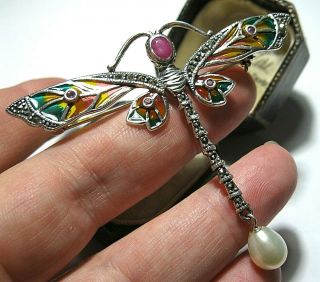 Huge Assay Hallmarked Sterling Silver Art Nouveau Plique A Jour Dragonfly Brooch