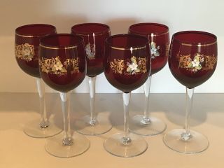 Vintage Venetian Murano Glass Ruby Red & Gold Wine Glasses.  Enameled Floral.