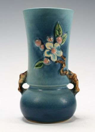 Vintage Roseville Pottery Usa Blue Apple Blossom Double Handle Vase 381 - 6