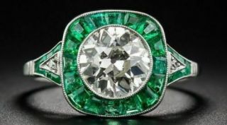 Vintage Art Deco 2.  65 Ct Diamond Green Emerald Engagement Solid 925 Silver Ring
