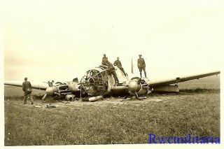 Black Cross Down German Troops W/ Shot Down Luftwaffe He - 111 Bomber