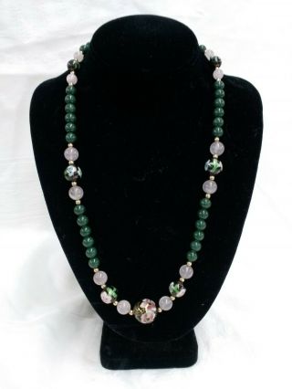 Vintage Chinese Cloisonne,  Pink Quartz And Jade Beaded Necklace