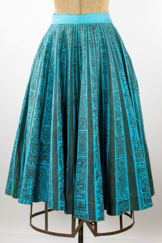 Vintage 50s Maya De Mexico Mexican Full Circle Skirt Turquoise Aztec Print Wrap