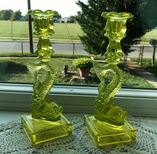 Vintage 10 " Mma Canary Yellow Uranium Glass Dolphin Candle Stick Holders Rare