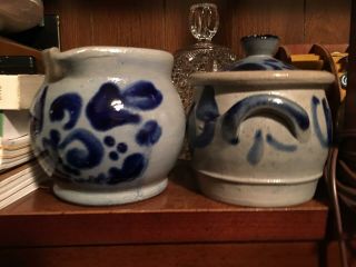 Antique Salt Glazed Stoneware Pottery Sugar Bowl & Creamer Painted Blue Vtg