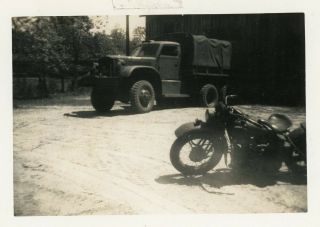 Org Wwii Photo: American Transport Truck And Motorcycle