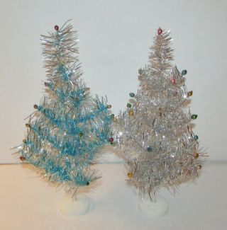2 Vintage 15 " Tinsel Foil Christmas Trees Mercury Glass Beads Japan Blue Silver