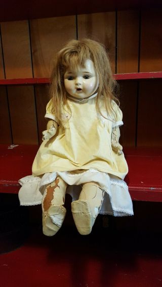 Very Large Creepy Antique Composition Mama Baby Doll 29 Inches Halloween Prop