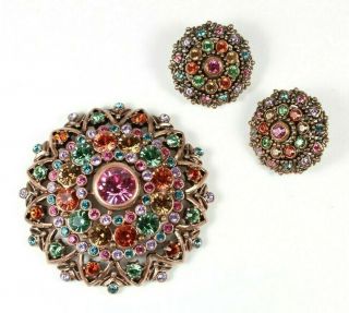 Joan Rivers Crystal Kaleidoscope Pin Clip On Earring Set Multi - Color Copper Tone