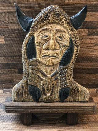 Vintage Hand Carved & Painted American Indian Chief Head Panel Bust Cigar Store