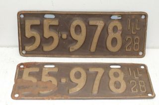 1928 Illinois License Plate Man Cave Garage Matched Set (55 - 978) Vintage