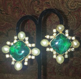 Lawrence Vrba Art Deco Molded Green Glass & Rhinestones Baroque Pearl Earrings