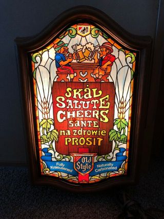 (vtg) 1980 Old Style Beer Stain Glass Looking Light Up Sign Skal Salute Man Cave