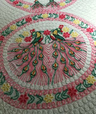 PLUSH VINTAGE CHENILLE BEDSPREAD RED PEACOCKS 90x95 5