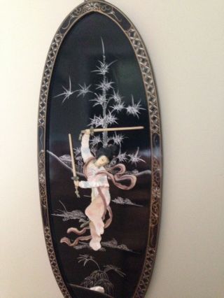 Vintage Black Lacquer Chinese Painting Mother Of Pearl Inlay Maiden With Swords