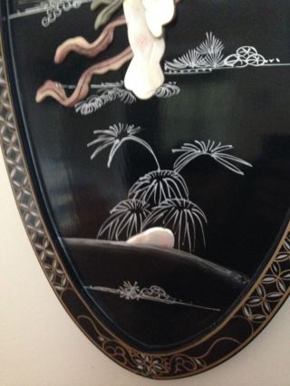 Vintage Black Lacquer Chinese Painting Mother of Pearl Inlay Maiden with Swords 7