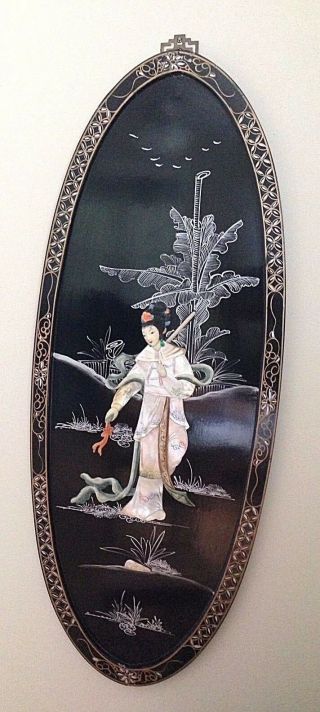 Vintage Black Lacquer Chinese Painting Mother Of Pearl Inlay Maiden With Sword