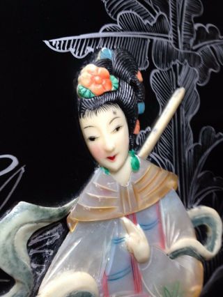 Vintage Black Lacquer Chinese Painting Mother of Pearl Inlay Maiden with Sword 2