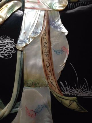 Vintage Black Lacquer Chinese Painting Mother of Pearl Inlay Maiden with Sword 4