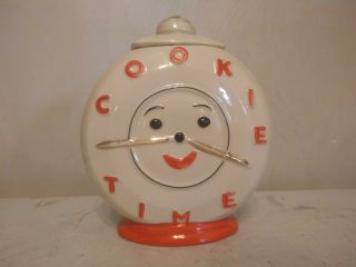 Vtg 50s Clock Cookie Jar American Bisque USA 203 Org Cookie Time Orange Black 4