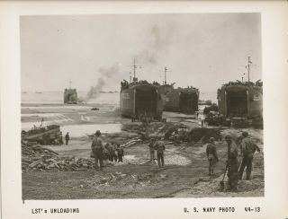 Wwii 1944 D - Day Normandy,  Photo 13 Lsts Unloading On Beach As One Burns,