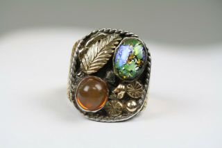 Vintage Signed Pw 14k Sterling Silver Mexican Fire Opal Cabochon Mens Ring Sz 12