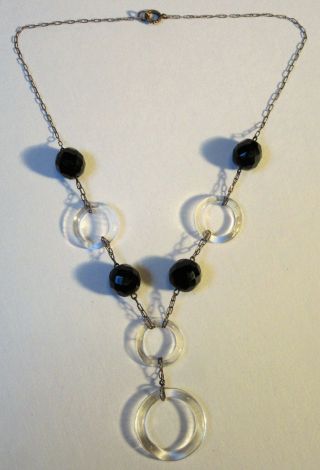 Vintage Art Deco Clear Glass Ring & Black Faceted Bead Necklace.  925