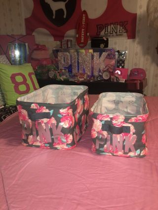 Victorias Secret Pink Gray Floral Canvas Dorm Bins Storage Htf Rare Set