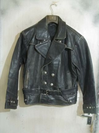 Vintage Black Rooster German Panzer Wrap Heavy Leather Motorcycle Jacket Size Xl