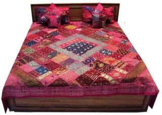 7 Pc Huge Indian Vintage Sari Bead Throw Bedspread Duvet Quilt Blanket Coverlet