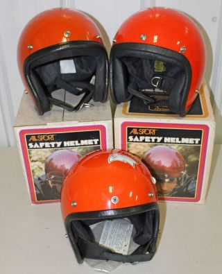 3 Vintage All Sport Orange Open Face Motorcycle Helmets Retro 70s Collectible