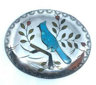 Vintage Signed Rb Navajo Large Sterling Silver & Inlay Turquoise Bird Belt Buckl