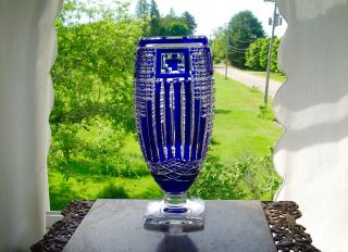 Vintage Cristal Nancy France Cobalt Blue Cut To Clear Glass Vase