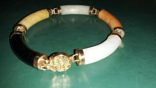 Vintage Multi - Colored 14k Jade Link Bracelet - 7 Inches