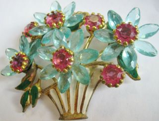 Giant Vintage Flower Basket Pin,  Showy & Gorgeous,  Huge 3 - 3/4 " Giant Blooms Aqua