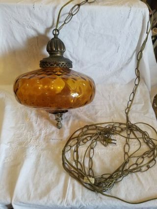 Vintage Mid Century Modern Amber Glass Ufo Swag Hanging Lamp Light