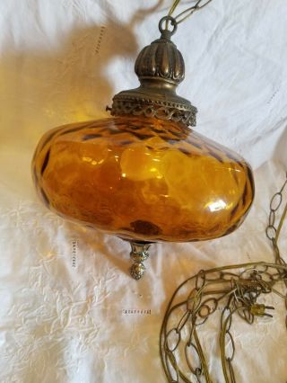 Vintage Mid Century Modern Amber Glass UFO Swag Hanging Lamp Light 2