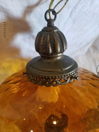 Vintage Mid Century Modern Amber Glass UFO Swag Hanging Lamp Light 3