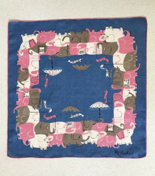 Vintage Pat Prichard Linen Handkerchief Gop Elephants Blue,  Pink,  Gray Hanky