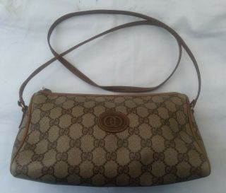 Vintage Gucci Brown Monogram Gg Canvas Leather Oval Shape Cross - Body Handbag
