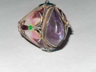 Vintage Chinese Amethyst Silver Filigree Enamel Butterfly Ring Large Sz 10