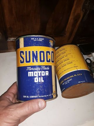 Vintage mercury made and dyna lube Early Sunoco Quart Oil Can VERY RARE 3
