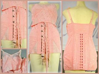 Vintage Pinup Lacamille Pink M/l Burlesque Corset Girdle Stocking Garter Lace