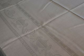 Vintage Snowy White Linen Damask Tablecloth 70x108 Dots Urns Genie Lamps