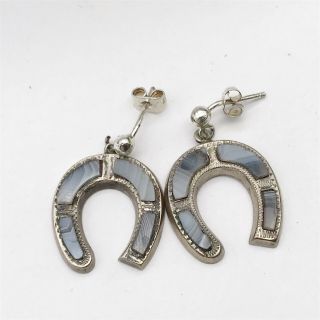 Antique Victorian Solid Silver Agate Set Horseshoe Good Luck Ladies Earrings