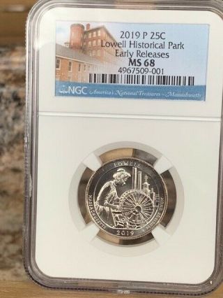 2019 - P Lowell National Historic Park Quarter Ngc Ms 68 Early Releases - Rare