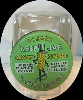 Vintage Embossed 1940 Glass Planters Peanuts Advertising Display Jar w/ Lid 2