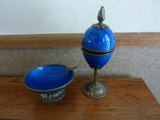 Vintage Evans Brass Pedestal Egg Guilloche Cobalt Blue Enamel Lighter / Ashtray