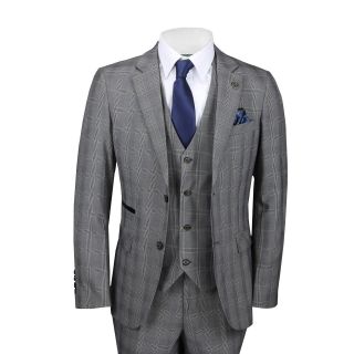 Mens 3 Piece Suit Grey Check Vintage Style Tailored Fit Blazer Waistcoat Trouser